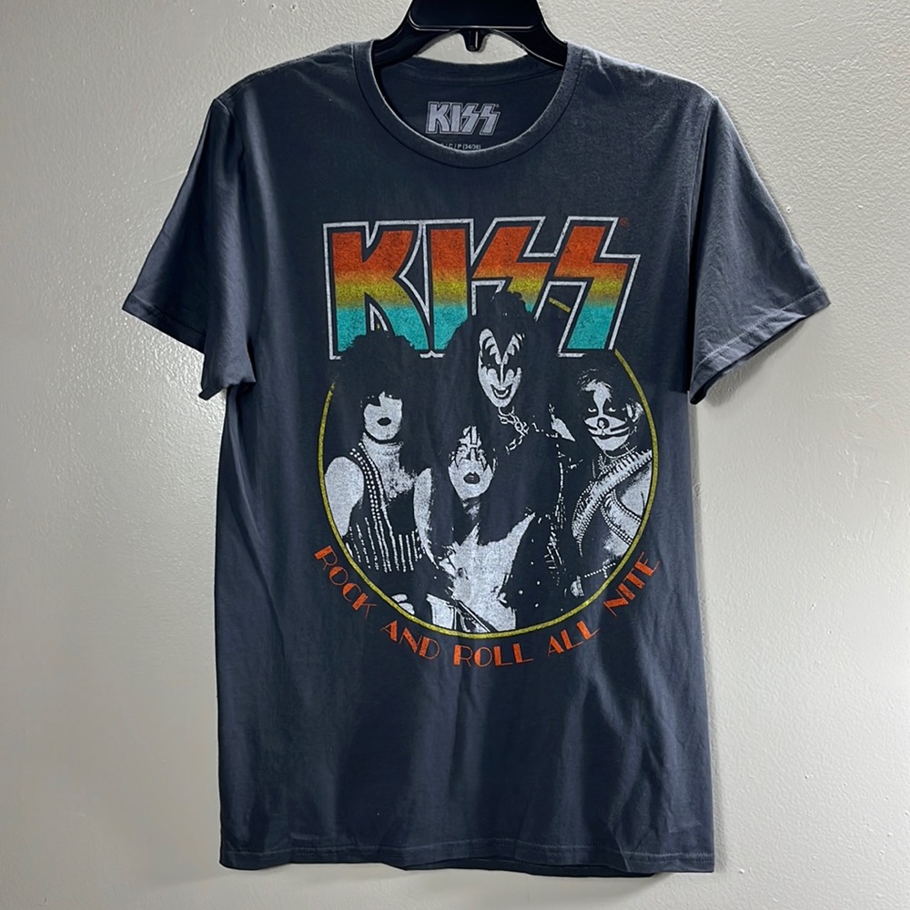 Kiss tee shirt men’s small blue/gray short sleeve logo Rock And Roll All Nite